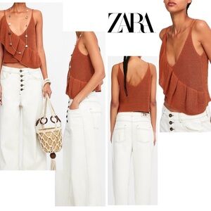 Zara burnt orange knit ruffle frill accent spaghetti strap camisole tank blouse